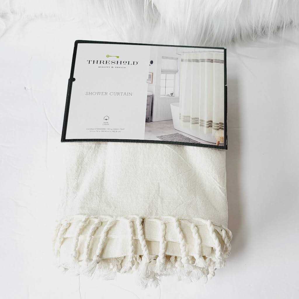 Threshold Stripe Fringe Shower Curtain White/Gray - Image 3