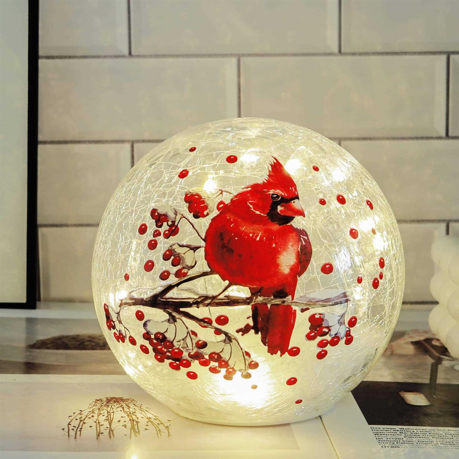 Kaowod Crackle Glass Ball Cardinal Lamp Light Up Red Cardinal Stained Glass Christmas Decor Accent Lamp - Image 4