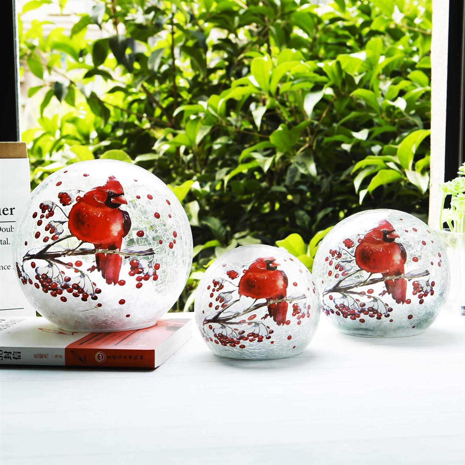 Kaowod Crackle Glass Ball Cardinal Lamp Light Up Red Cardinal Stained Glass Christmas Decor Accent Lamp - Image 5