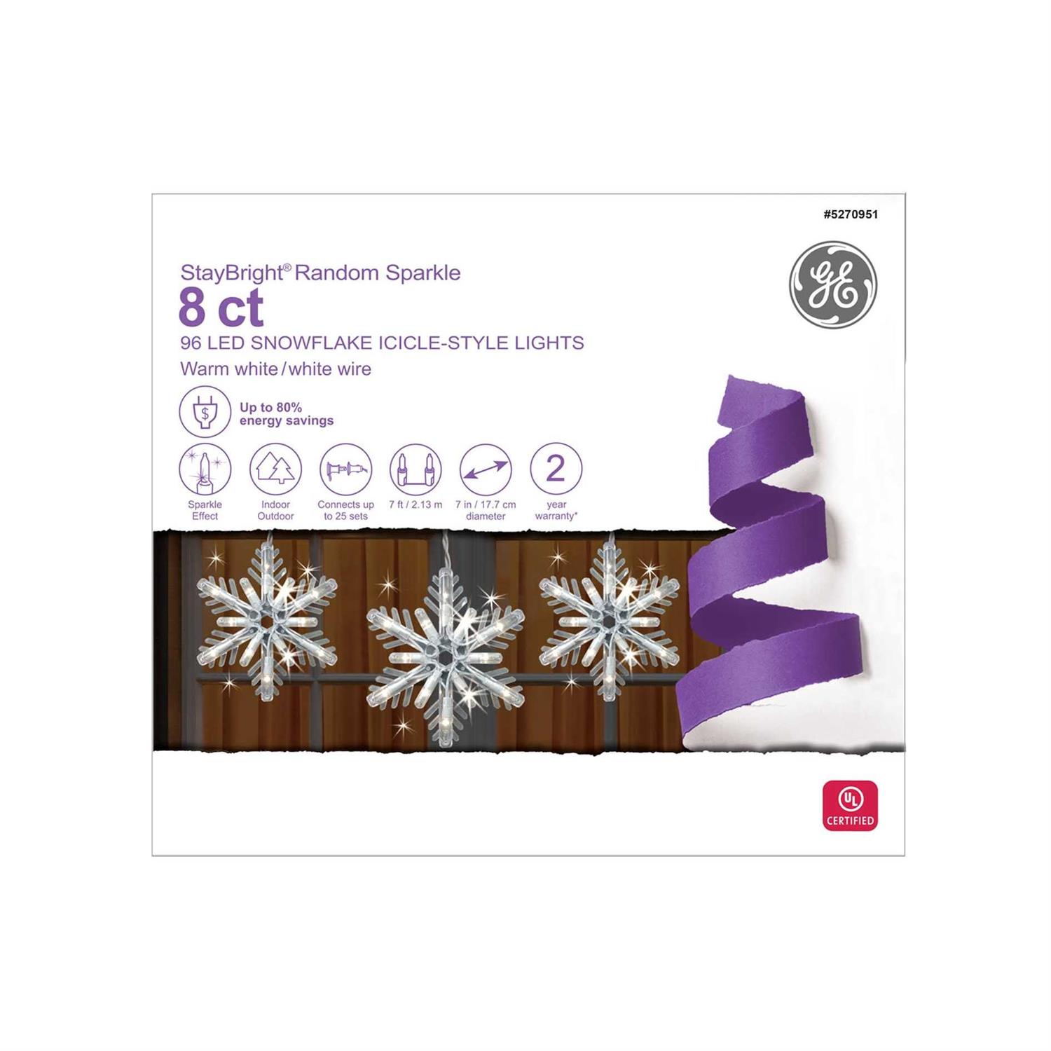 GE Snowflake 8-Count Sparkling White Snowflake LED Plug-In Christmas Icicle Lights - Image 4