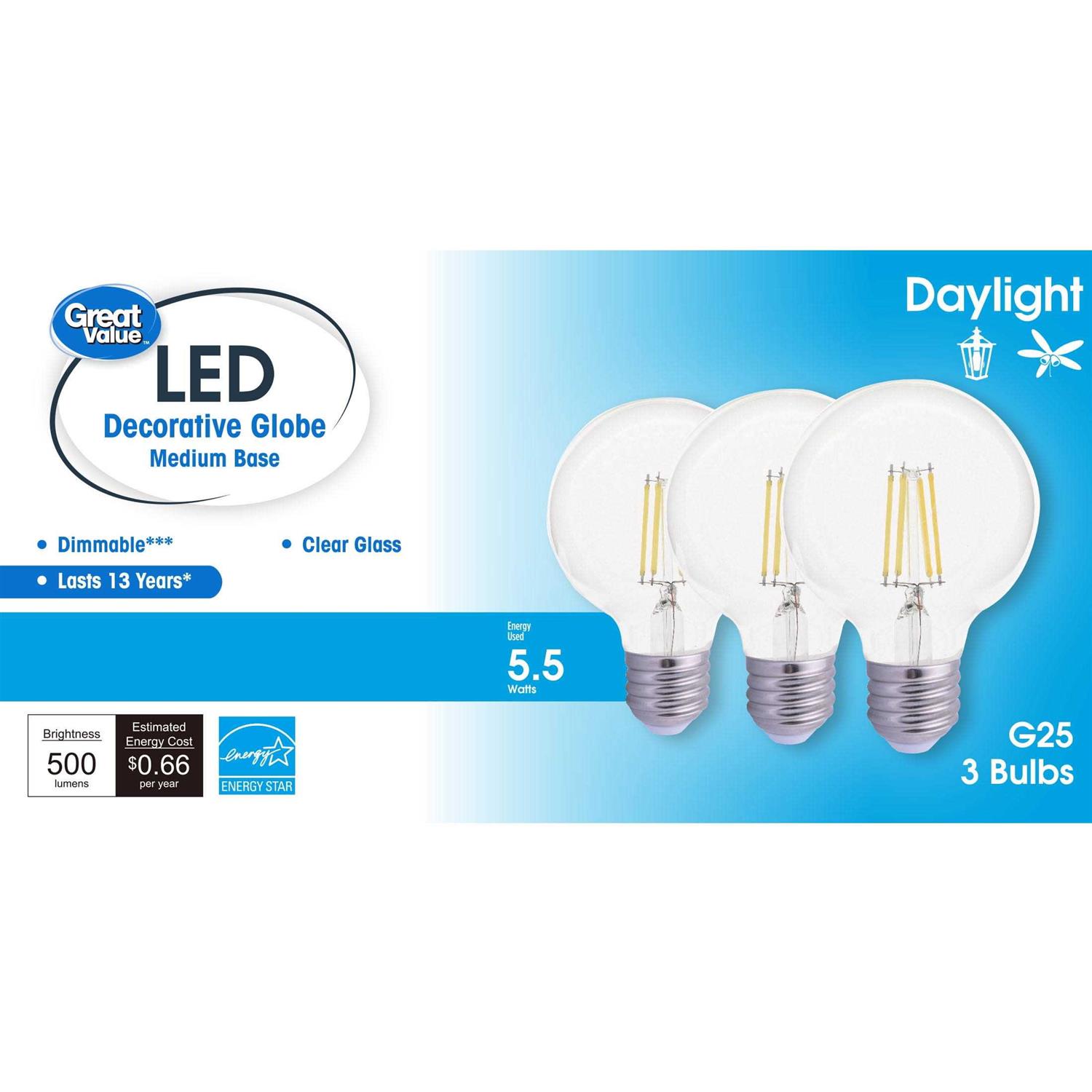 Great Value G25 LED Bulb White Dimmable E26 Base