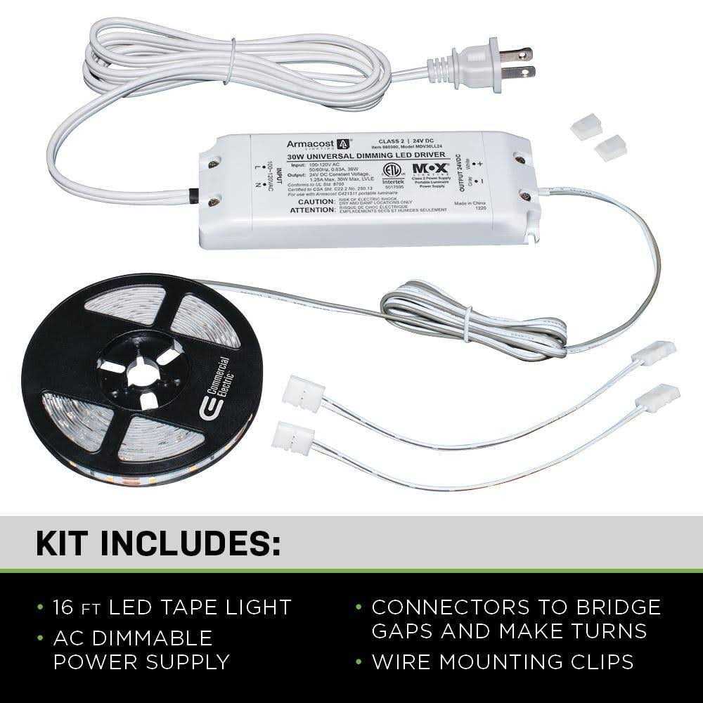 Commercial Electric 16 ft. LED AC Dimmable White Tape Light Kit Under Cabinet Light - Image 4