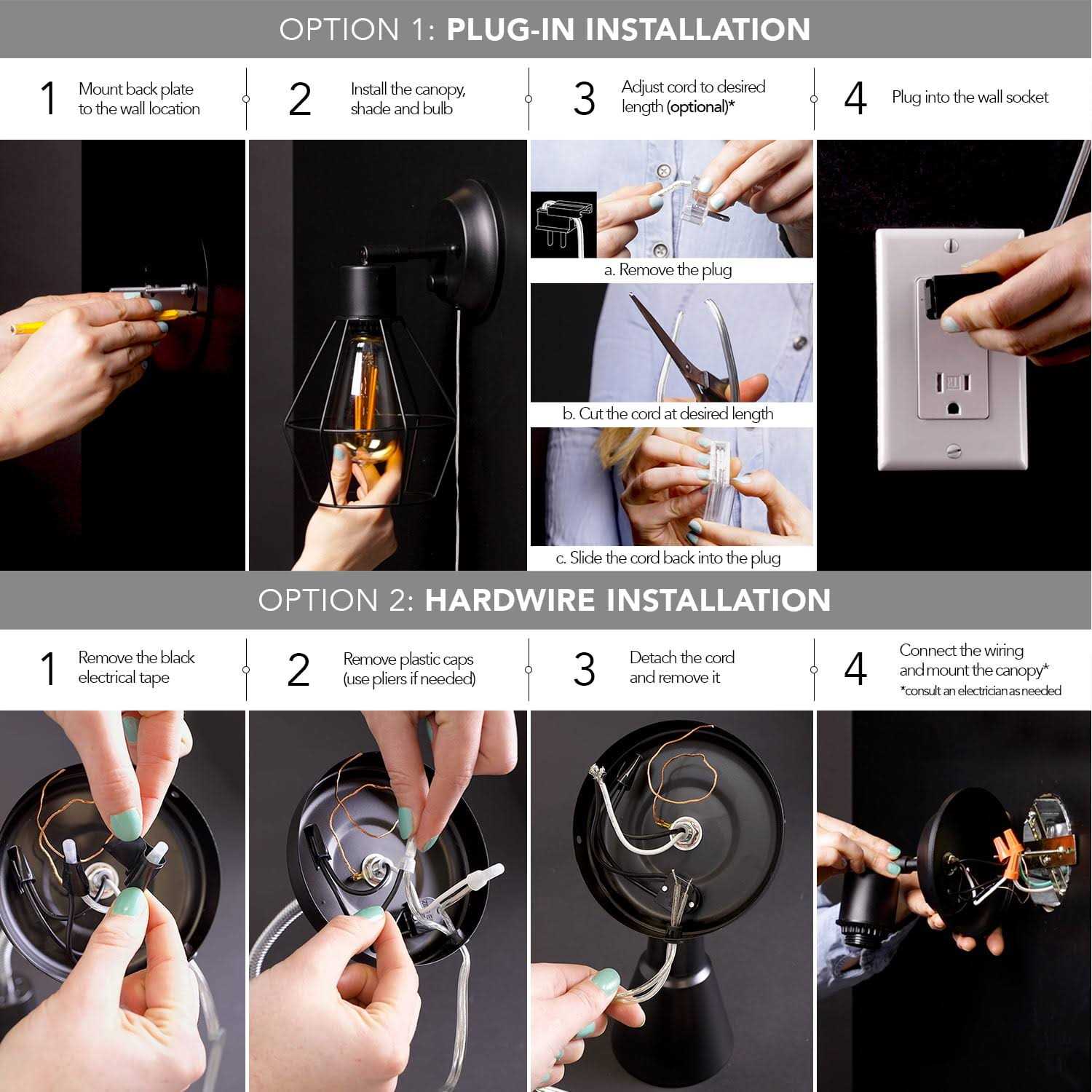 Globe Electric 1-Light Dimmable Plug-In or Hardwire Wall Sconce - Image 4