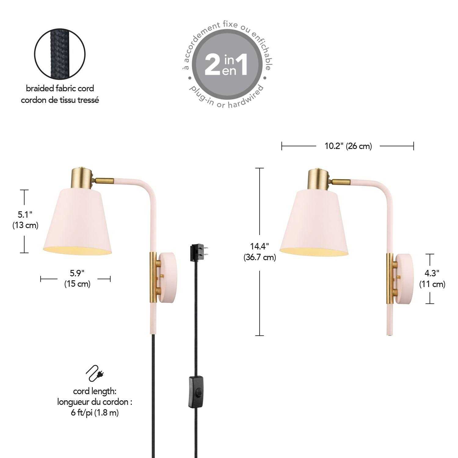 Novogratz x Globe Electric Cleo 1-Light Matte Plug-In or Hardwire Wall Sconce Brass Accents - Image 3