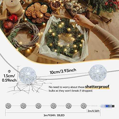 BEEWIN Globe String Lights for Bedroom,Crystal Crackle Ball Lights 10FT 30 LED USB Fairy Lights - Image 4