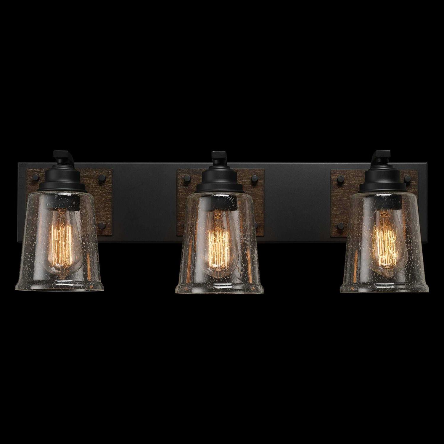 Globe Electric Warsaw 3-Light Matte Black Vanity Light with Dark Faux Wood Accents and Seeded Glass Shade 51852 - Image 3