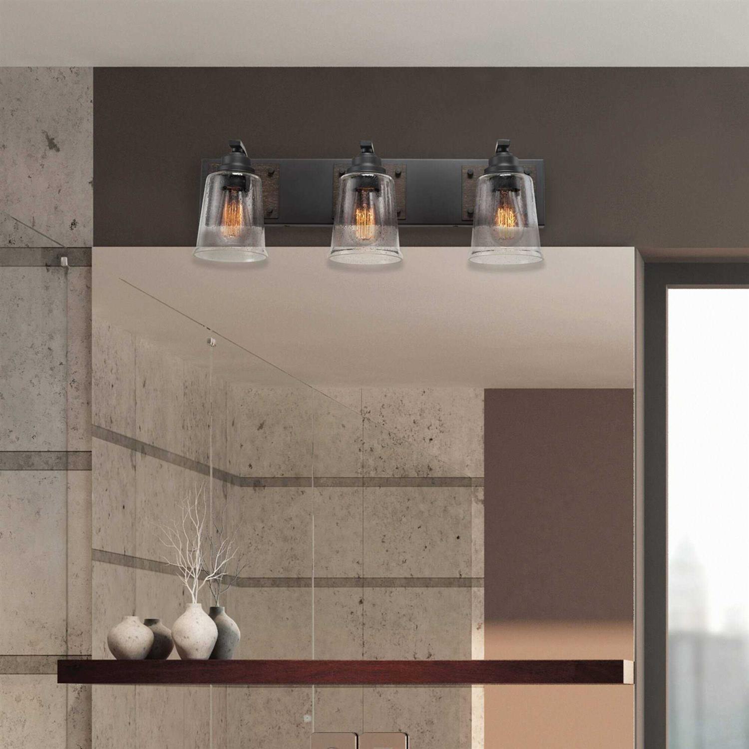 Globe Electric Warsaw 3-Light Matte Black Vanity Light with Dark Faux Wood Accents and Seeded Glass Shade 51852 - Image 4