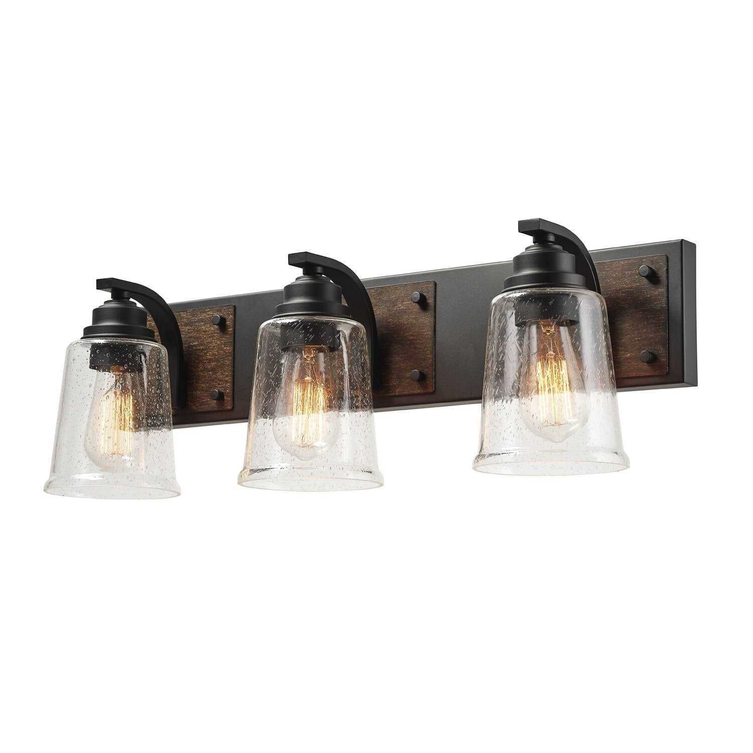 Globe Electric Warsaw 3-Light Matte Black Vanity Light with Dark Faux Wood Accents and Seeded Glass Shade 51852 - Image 5