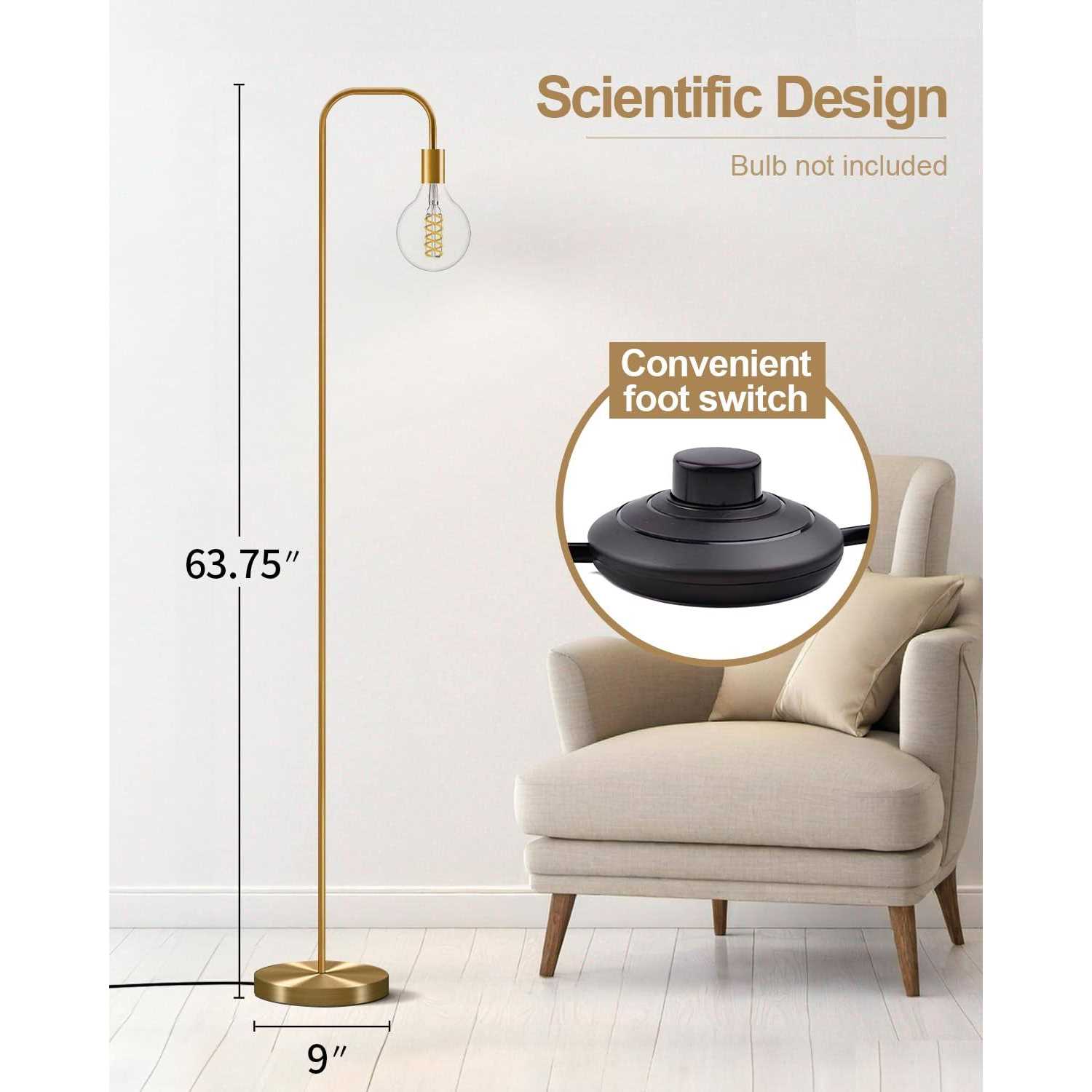 Oneach 63.75 '' Industrial Floor Lamp for Living Room Bedroom Office Metal Minimalist Tall Standing Lamp Antique Brass - Image 3