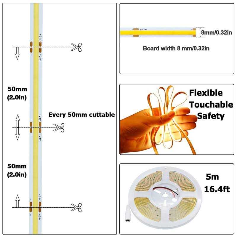 KXZM DC 24V COB LED Strip Light White CRI 93+ Uniform Glow Not Waterproof IP20 Flexible LED Tape Lights - Image 5