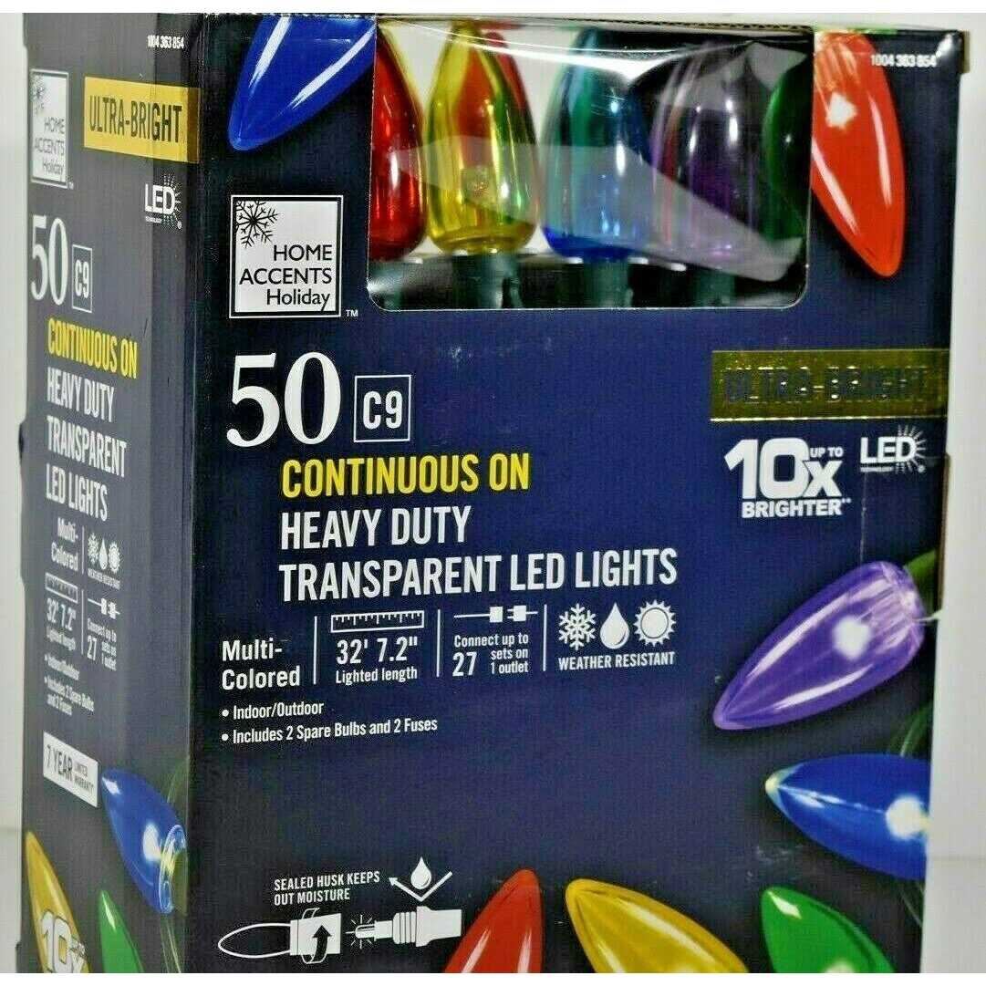 Home Accents 50 Multi-Colored C9 Continuous On Heavy Duty Transparent LED Lights