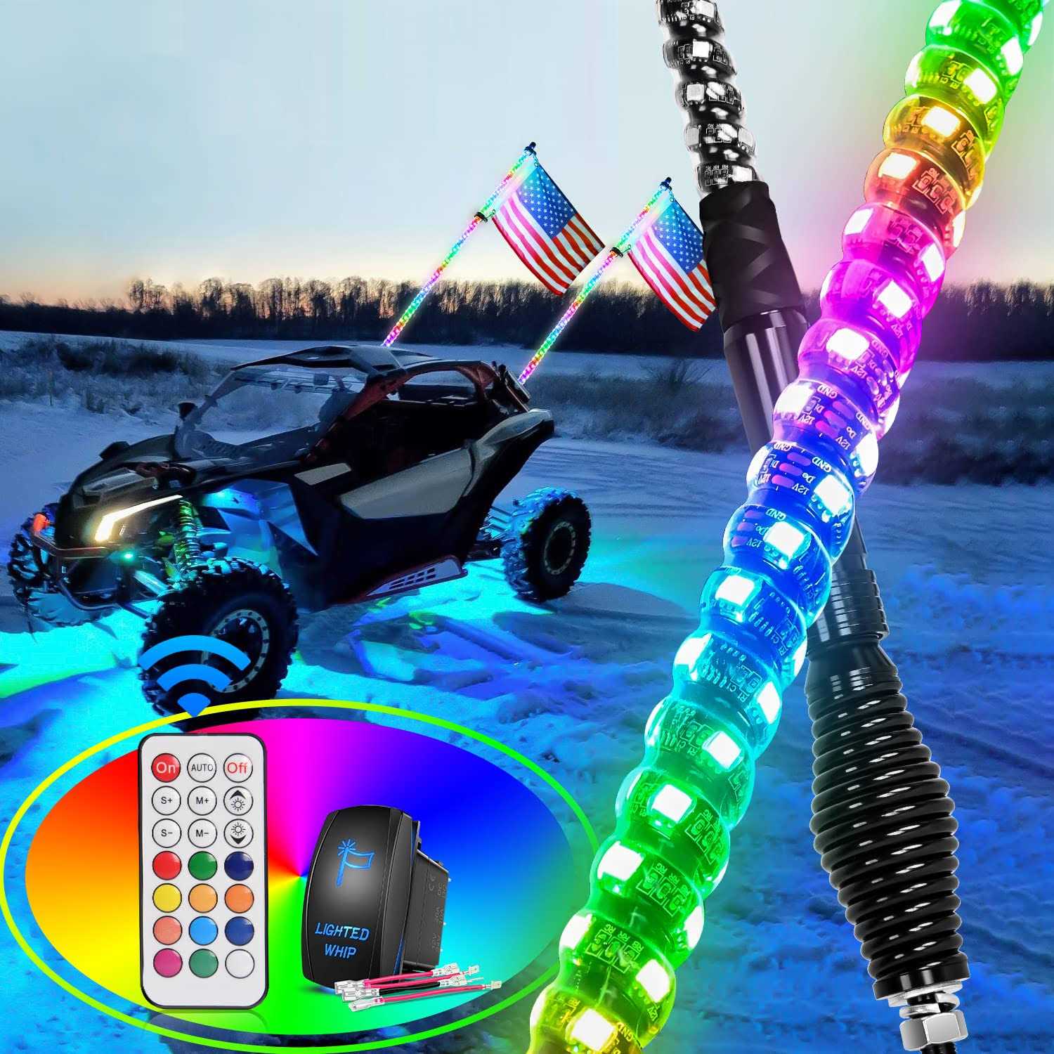 Nilight 2pcs Spiral RGB Led Whip Light with Spring Base Chasing Light RF Remote Control Lighted Antenna Whips for Can-am ATV UTV RZR Polaris