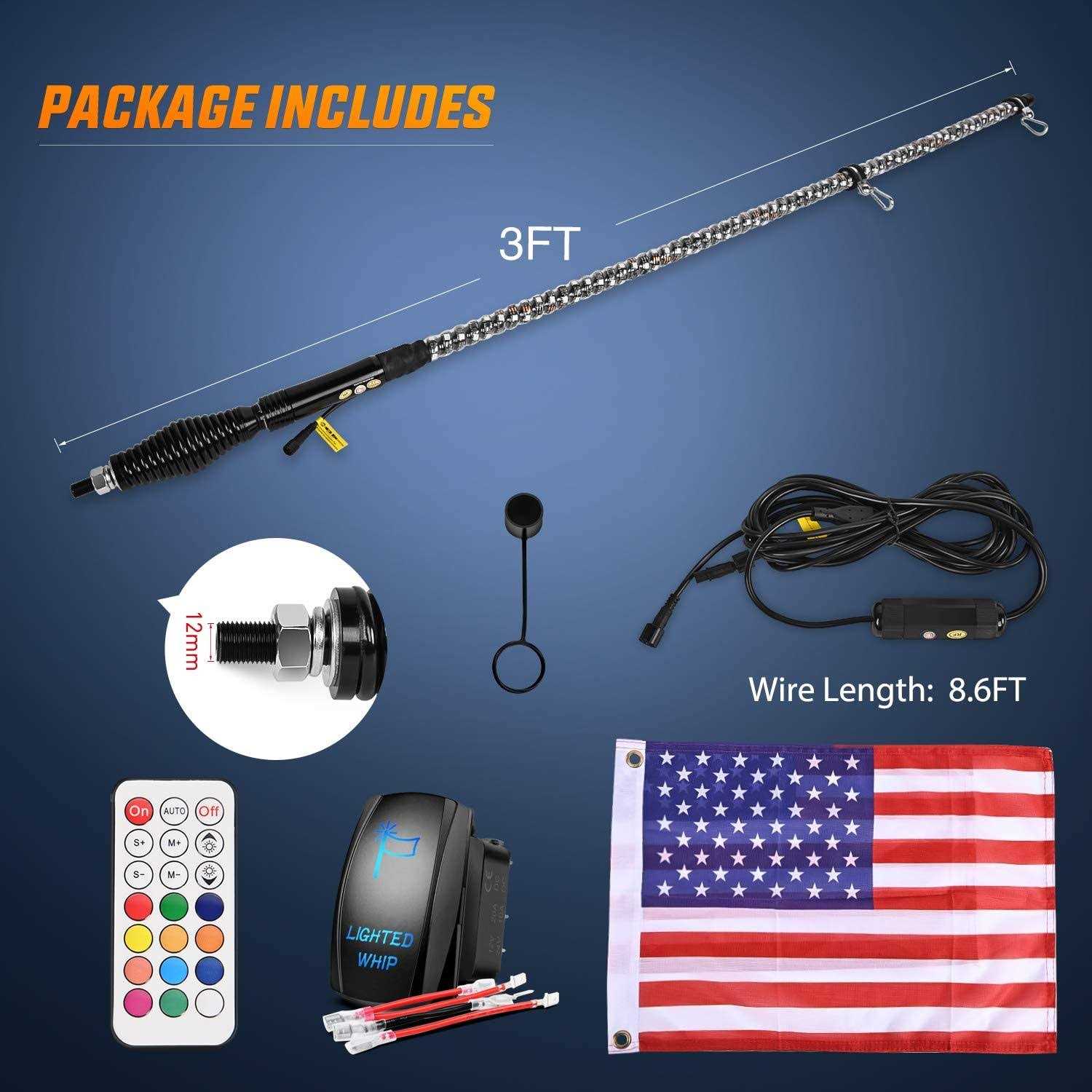 Nilight 2pcs Spiral RGB Led Whip Light with Spring Base Chasing Light RF Remote Control Lighted Antenna Whips for Can-am ATV UTV RZR Polaris - Image 3