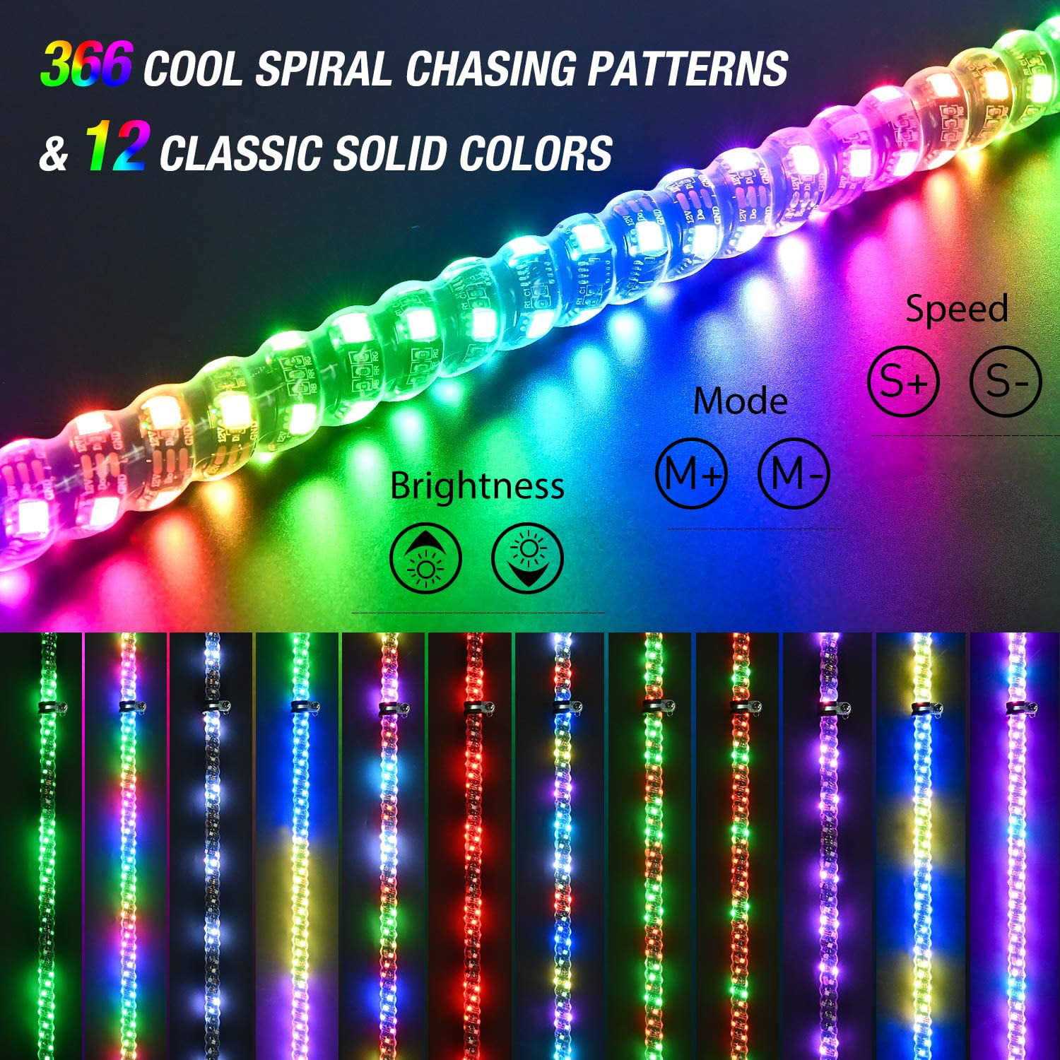 Nilight 2pcs Spiral RGB Led Whip Light with Spring Base Chasing Light RF Remote Control Lighted Antenna Whips for Can-am ATV UTV RZR Polaris - Image 4