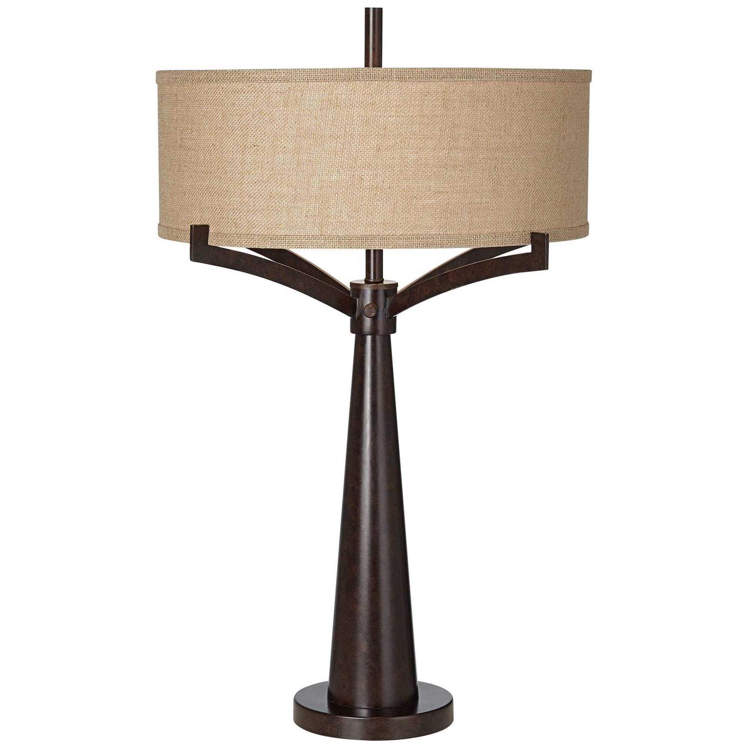 Franklin Iron Works Table Lamp Tall Bronze Metal Burlap Fabric Drum Shade Bedroom Living Room
