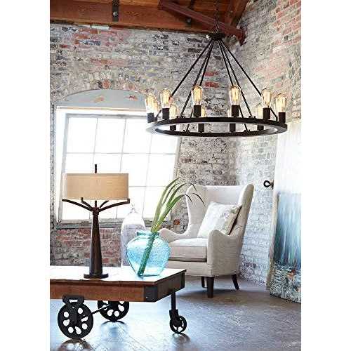 Franklin Iron Works Table Lamp Tall Bronze Metal Burlap Fabric Drum Shade Bedroom Living Room - Image 2