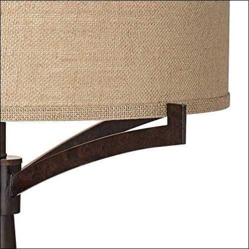 Franklin Iron Works Table Lamp Tall Bronze Metal Burlap Fabric Drum Shade Bedroom Living Room - Image 4