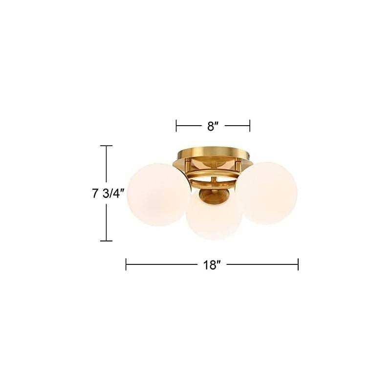 Possini Euro Design Jevan Mid Century Modern Close To Ceiling Light Flush Mount Fixture 18 Wide 3-Light Led Brass White Glass Globe Shade Bedroom - Image 3