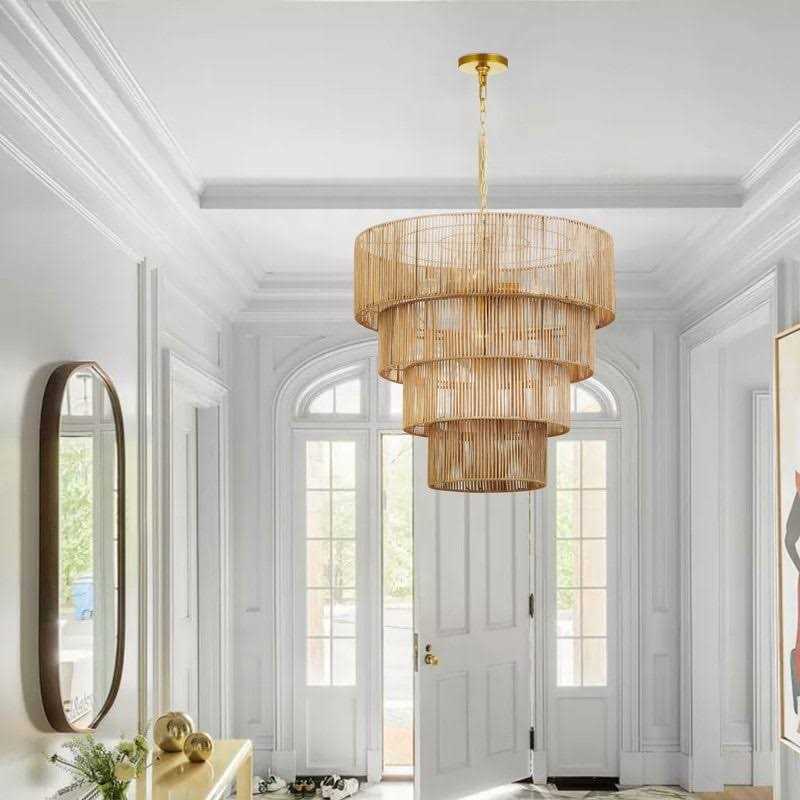 KAWOTI 5-Light Distressed Gold Oversize Pendant Light with Rattan Shade 21175 - Image 3