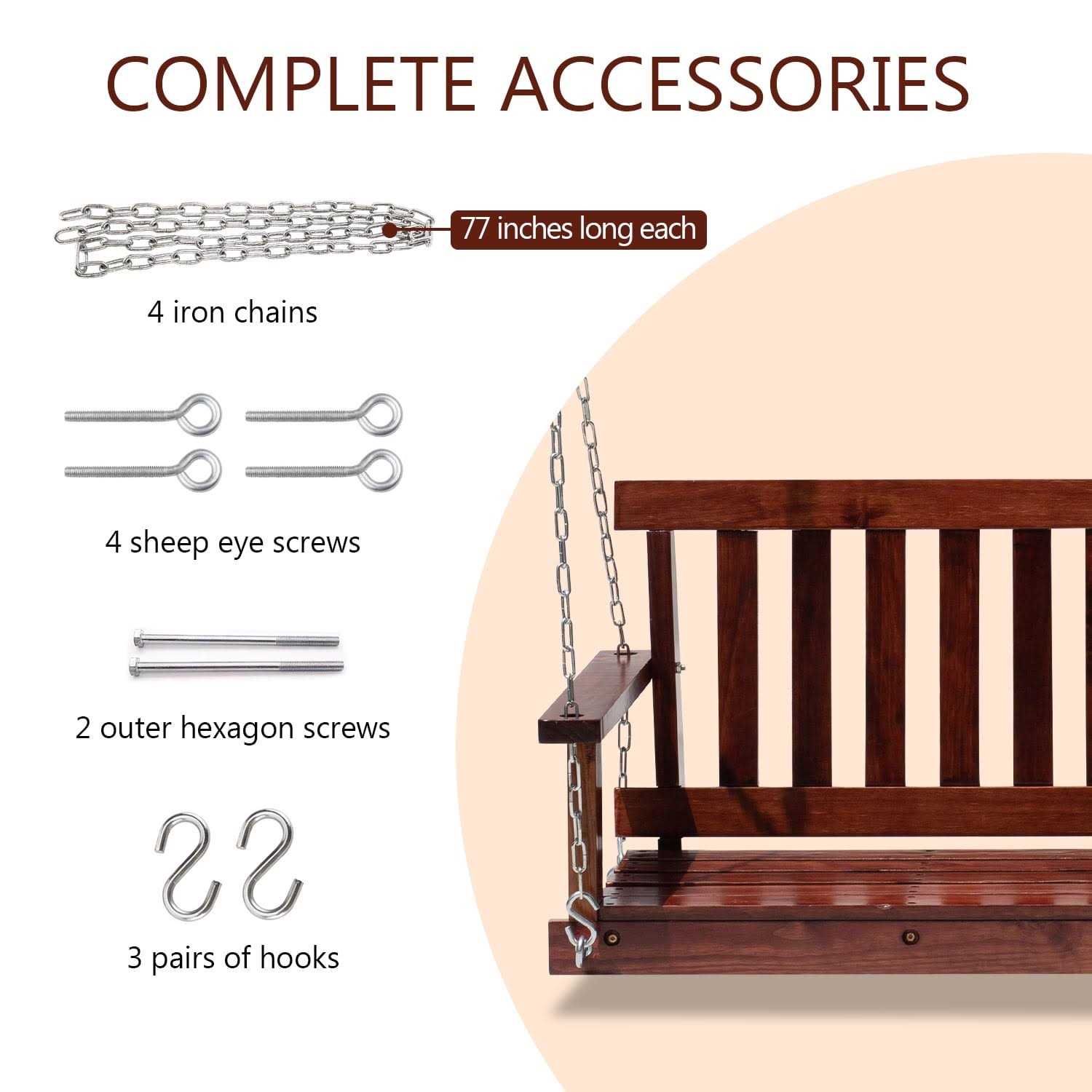 Paylesshere Outdoor Wooden 4Ft/48in Outdoor Swings 800lb Weight Bench Porch Swing for Adults - Image 2