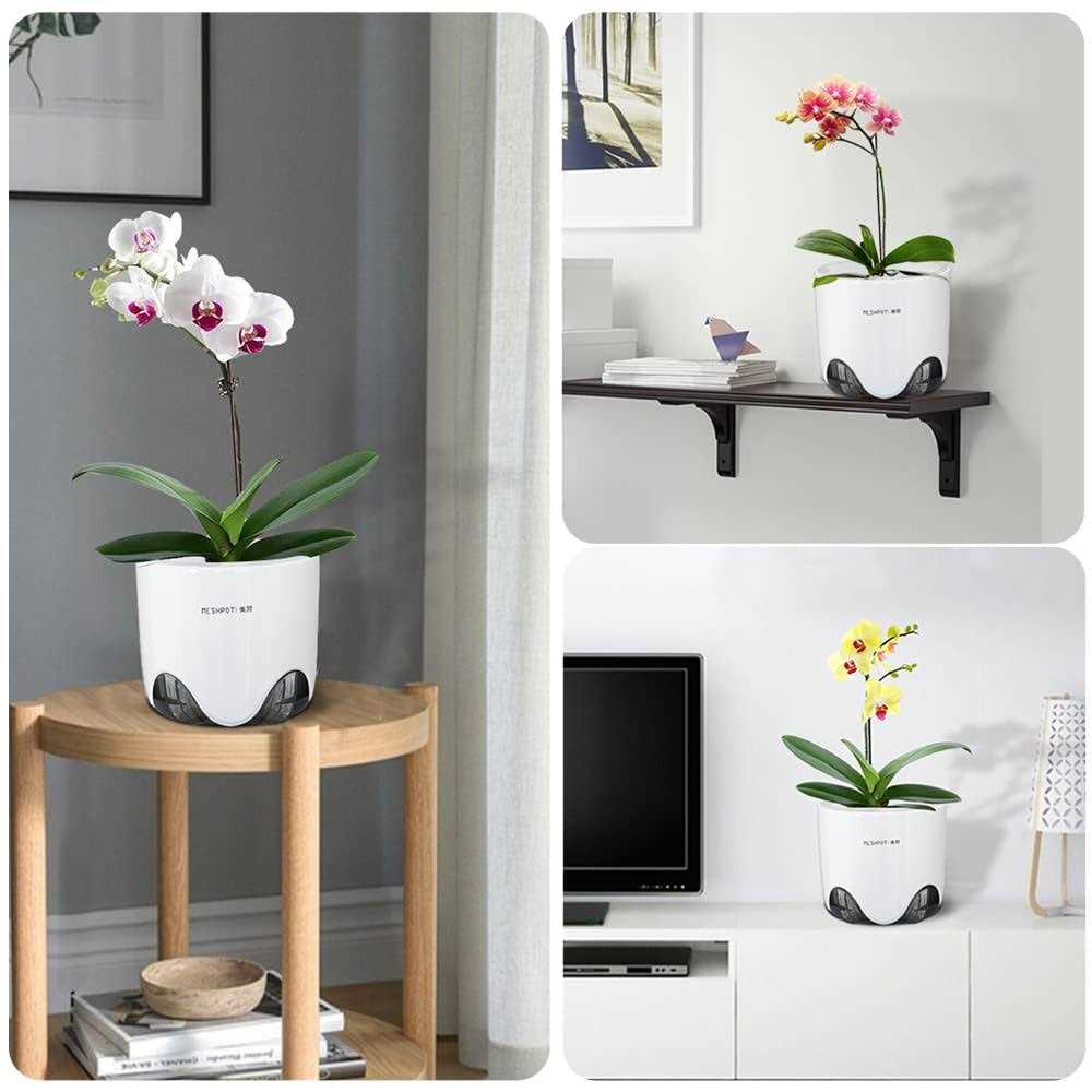 Meshpot 5 inch Orchid Pots with Holes,Set Double Layer Plastic Imitate Ceramic Orchid Planter Provide Good Air Circulation,Clear Orchid Pot - Image 2