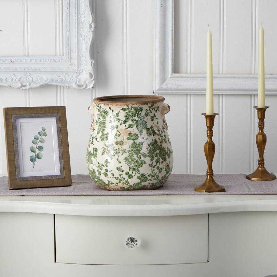 Nearly Natural Tuscan Ceramic Green Scroll Planter - Image 2