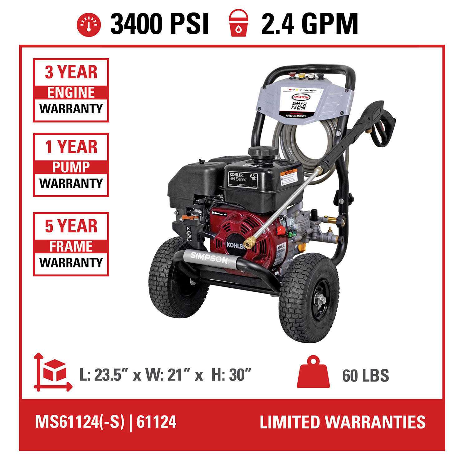 Simpson MegaShot 3400 PSI at 2.4 GPM Kohler Sh270 Cold Water Pressure Washer - Image 3