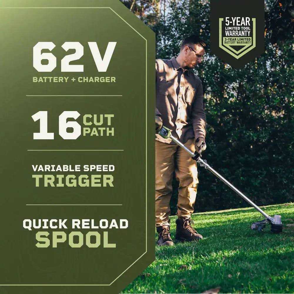 Green Machine 62V Cordless String Trimmer Brushless motor and Auto-Wind spool Battery and Charger - Image 3