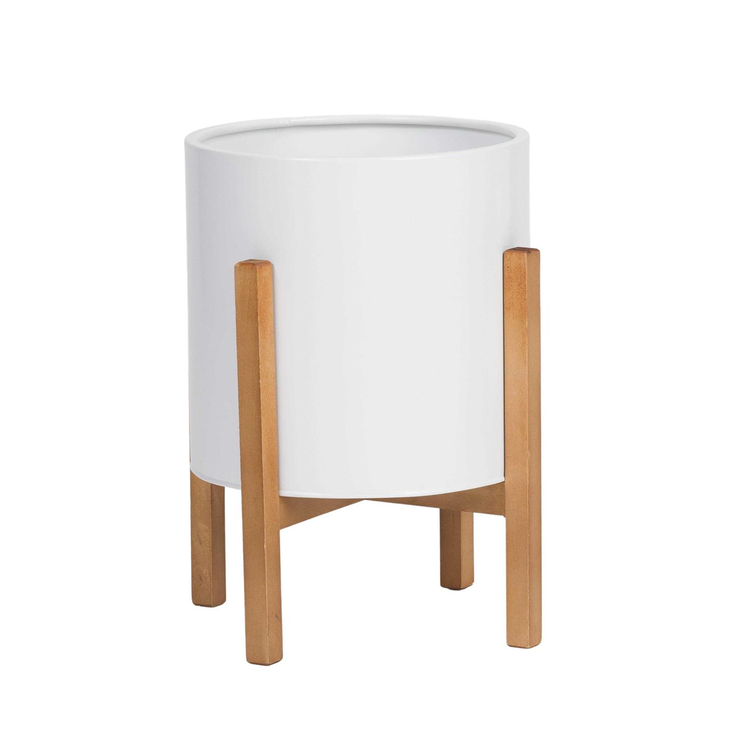 Raya White Mid-Century Modern Planter with 4-Leg Wood Base