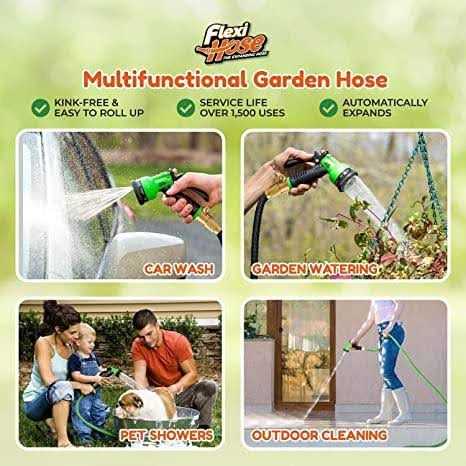 Flexi Hose with 8 Function Nozzle Expandable Garden Hose Lightweight & No-Kink Flexible Garden Hose 3/4 Inch Solid Brass Fittings - Image 2
