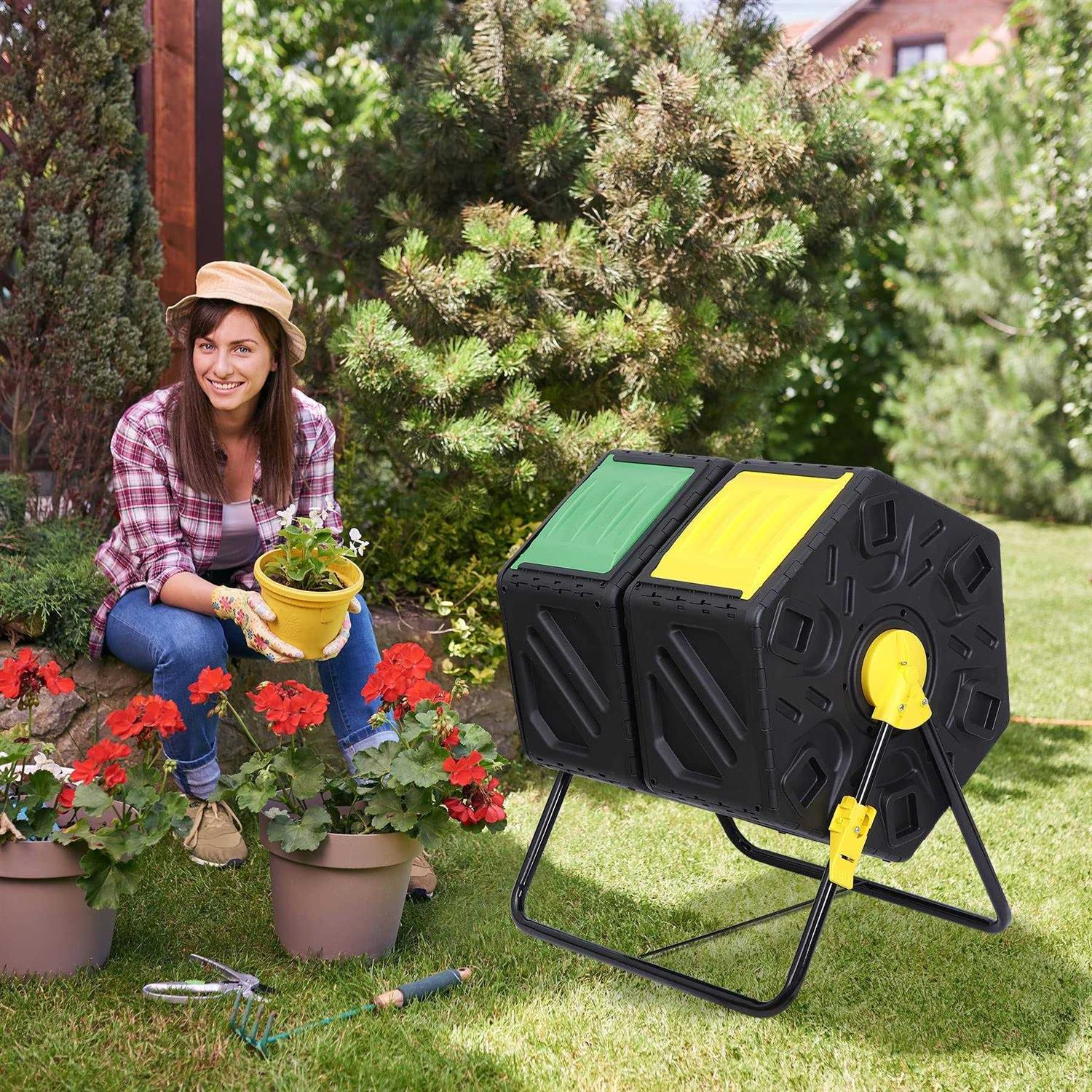 Nouva 37 Gallon Compost Bin Dual Chamber Composter Tumbler Rotating Chamber Garden Composter Bin with 2 Sliding Doors Steel Frame Outdoor Kitchen - Image 3