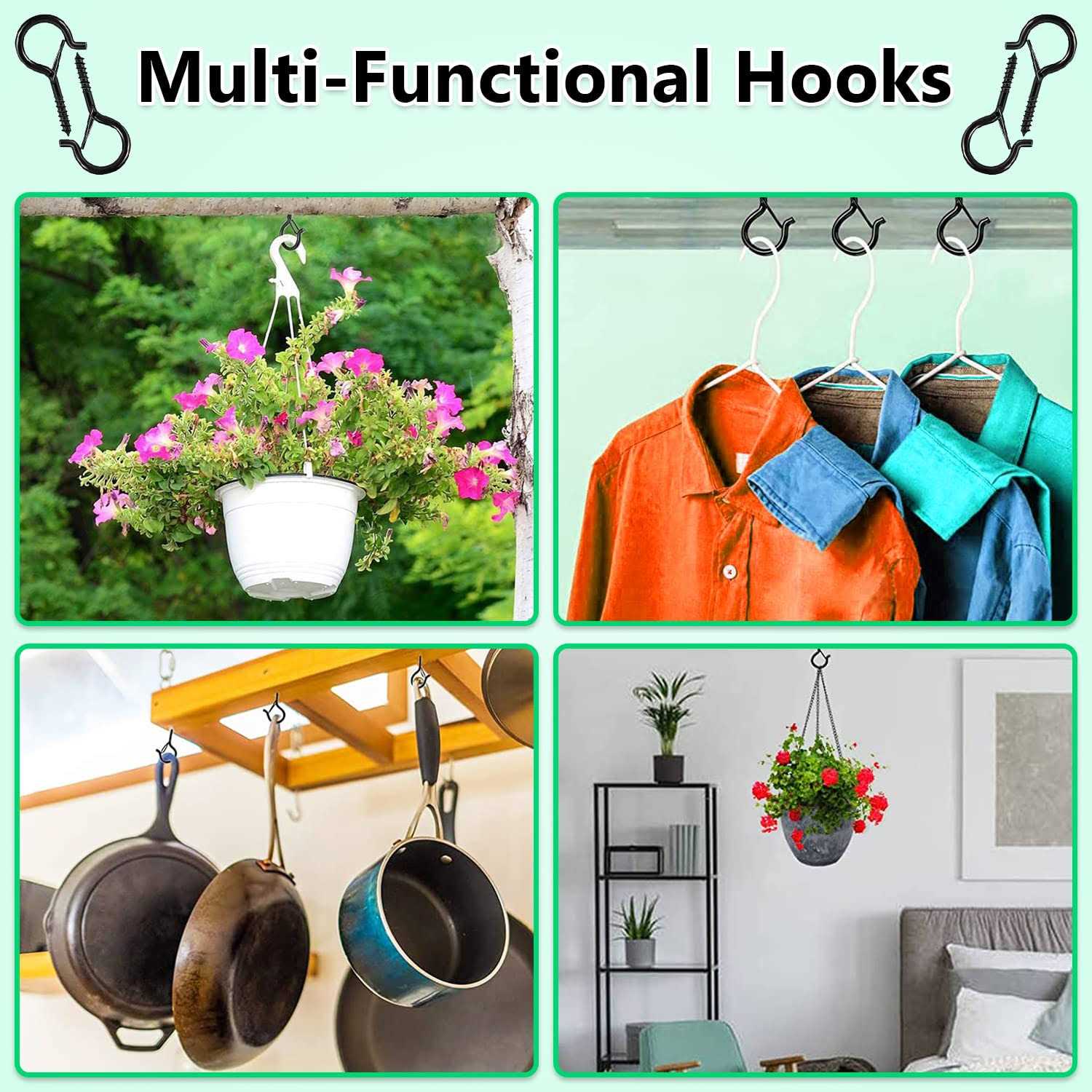 Etoolia 24 Pcs Q Hanger Hooks with Safety Buckle,Ceiling Hooks for Hanging Plants,Screw Hooks for Hanging Outdoor String Lights - Image 3