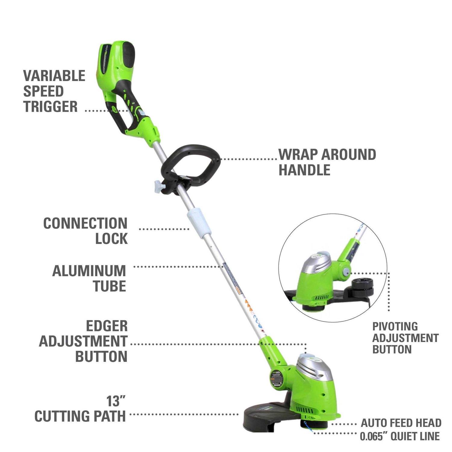 Greenworks 40V 13 Cordless String Trimmer / Edger, 2.0Ah Battery and Charger - Image 2