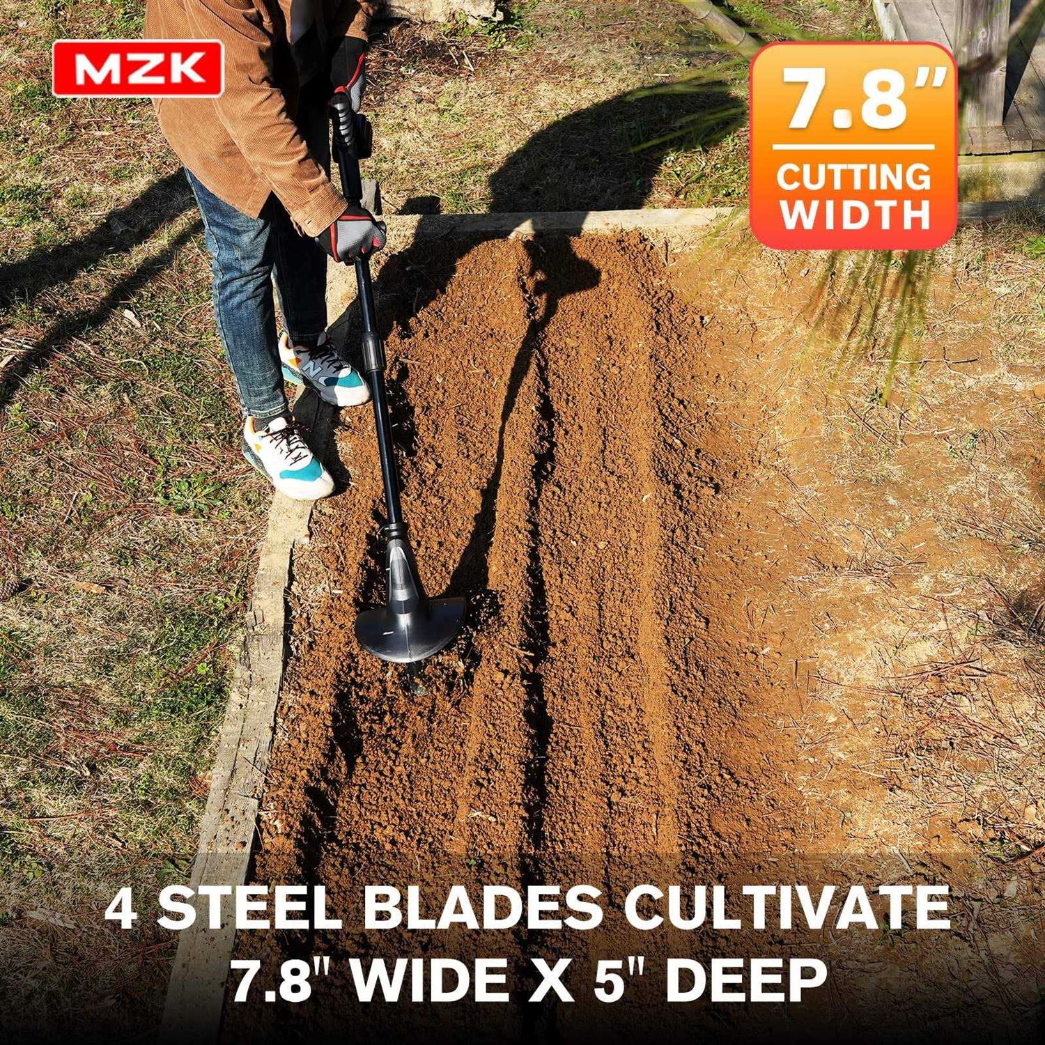 MZK 20V Cordless Tiller Cultivator with 24 Steel Tines,7.8-inch Wide Battery Powered Garden Cultivator - Image 5
