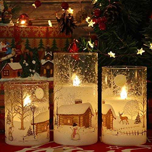 DRomance White Christmas Glass Flickering Flameless Candles Battery Operated with 10-Key Remote and Timer Set of 3 Real Wax Holiday LED Window - Image 3
